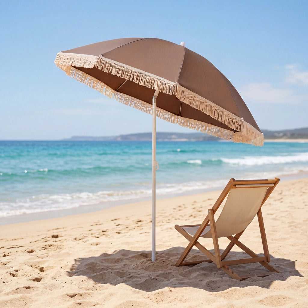 Ombrellone da giardino con frange 16 stecche in metallo inclinazione di 30¡ã, Ombrellone da spiaggia hawaii Marrone