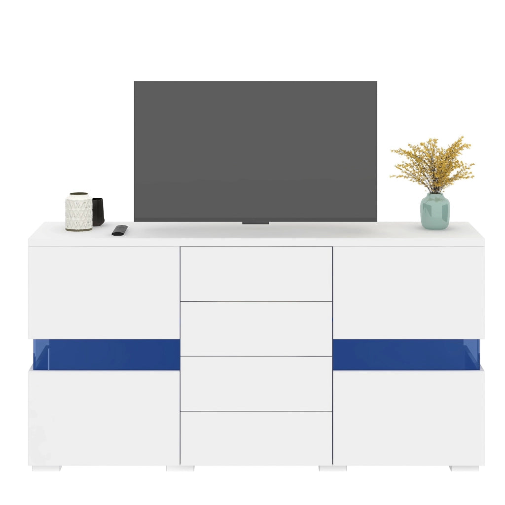 Sideboard bianco lucido con LED, 2 ante in acrilico e 4 cassetti