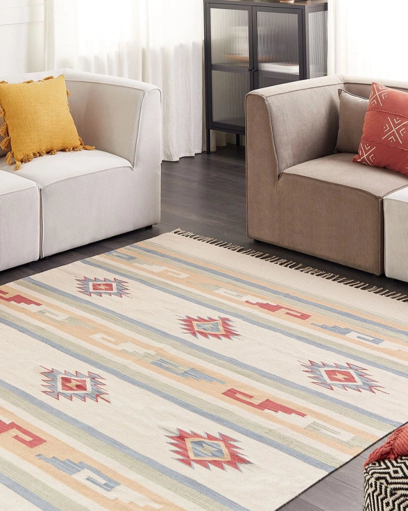 Tappeto Kilim Beige e Marrone Cotone 200 x 300 cm Tagliato a Navetta Tessuto a mano Pavimento Parete Tappeto Simboli geometrici Motivo reversibile Frange
