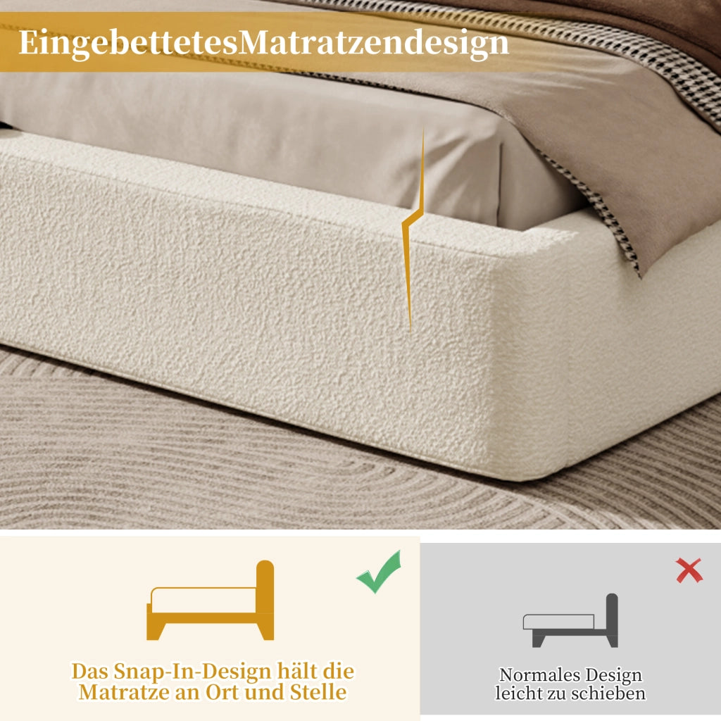 DESMIU Letto matrimoniale 180 × 200 cm 2 posti con testiera imbottita, senza materasso, bouclé beige