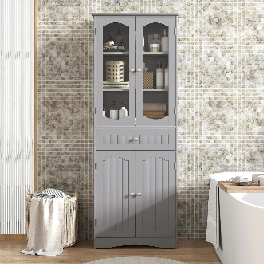 Armadietto Salvaspazio 60 x 30 x 160cm, Mobile Bagno con 2 Ripiani Regolabili, Cassetto e 2 Porte in Vetro Temprato, Armadio da Bagno per Ufficio, Soggiorno e Camera da Letto, Bianco (Grigio)