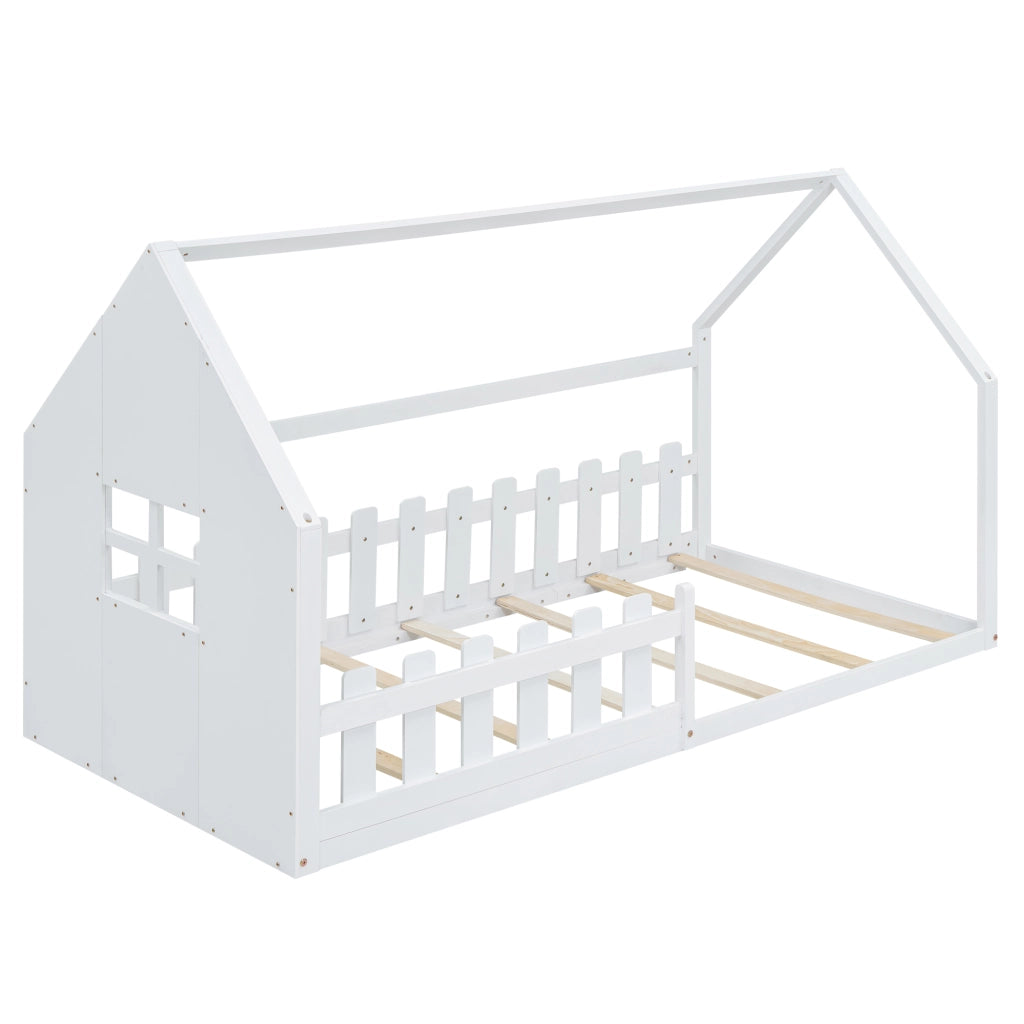 Letto per bambini 90x200 cm in pino e MDF, forma casetta, bianco