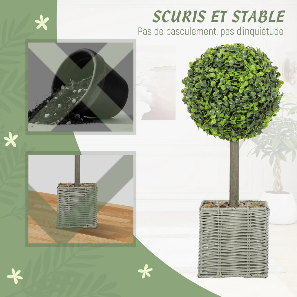 Pianta Artificiale Bosso Sferica 50cm ¨C Xylo ¨C Verde con Vaso Intrecciato e Ciottoli