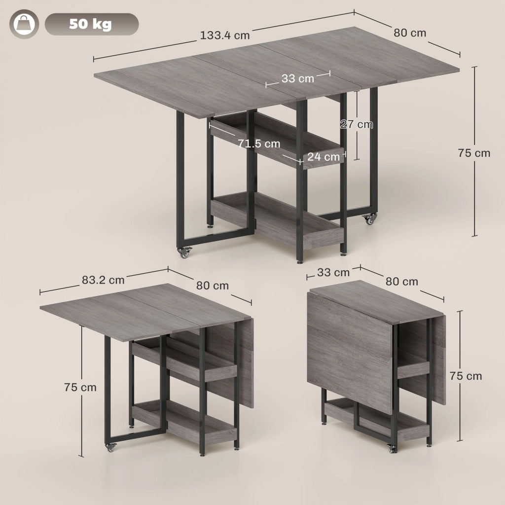 Tavolo Pieghevole a 2 Ribalte per 4 Persone con 2 Ripiani Aperti, in Legno e Metallo, 133.4x80x75 cm, Grigio