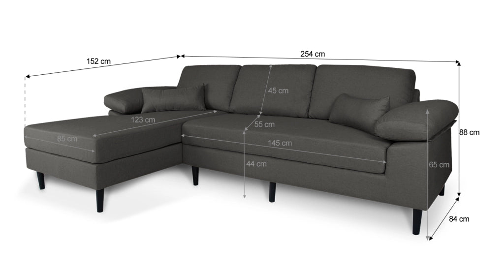 Divano angolare 3 posti con chaise longue sinistra tessuto grigio scuro - Washington - DI-WA05FBC-CLSX