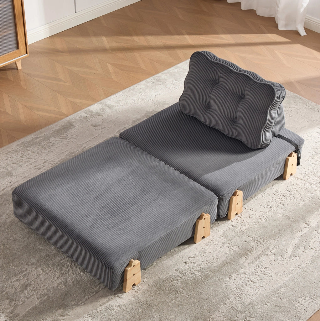 Poltrona letto pieghevole in corduroy grigio scuro; design nordico; 90x86x84 cm; con struttura in legno