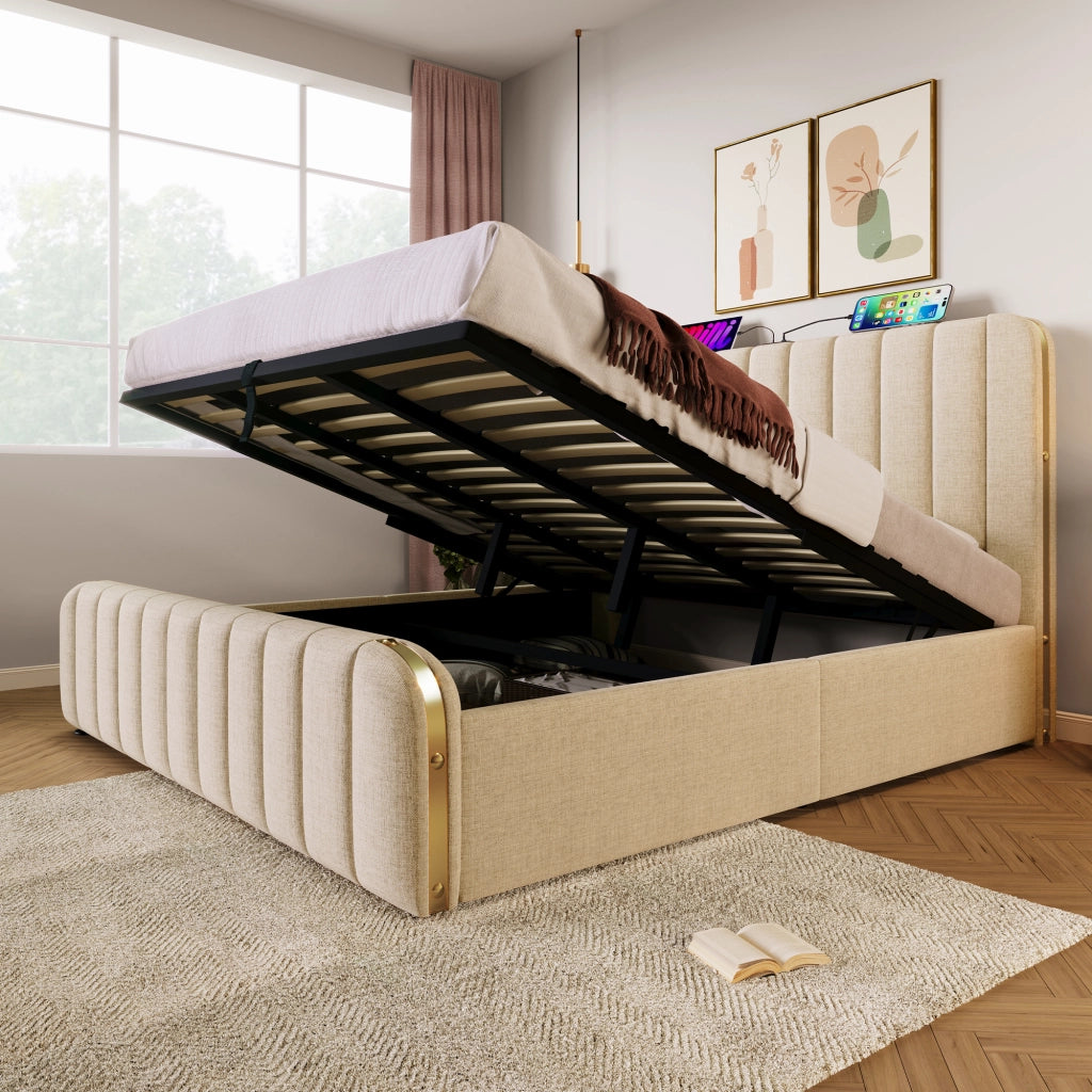 letto imbottito lino beige 180 x 200 cm