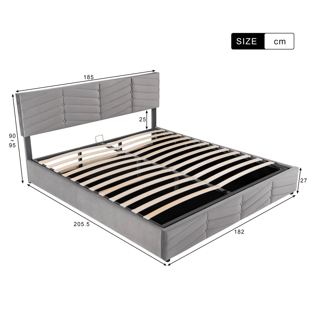 Letto Imbottito Matrimoniale Contenitore ¨C MINIMAL ¨C Velluto Grigio, Testiera Regolabile, 180x200, Idraulico