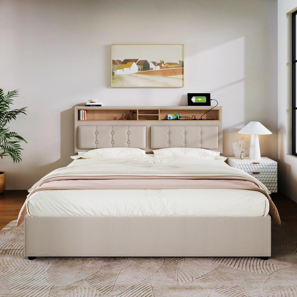 letto imbottito lino beige 140x200 cm