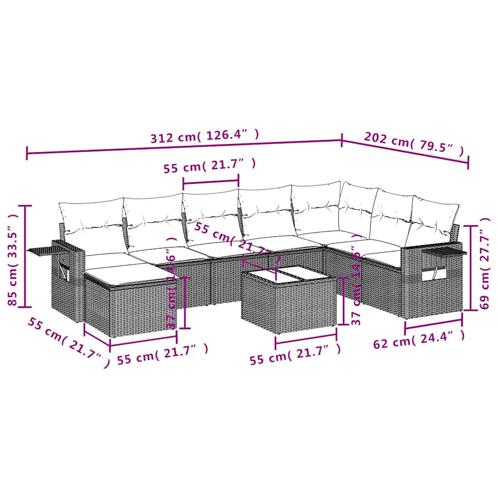 Set Divani da Giardino 9 pz con Cuscini Grigio in Polyrattan 3220570