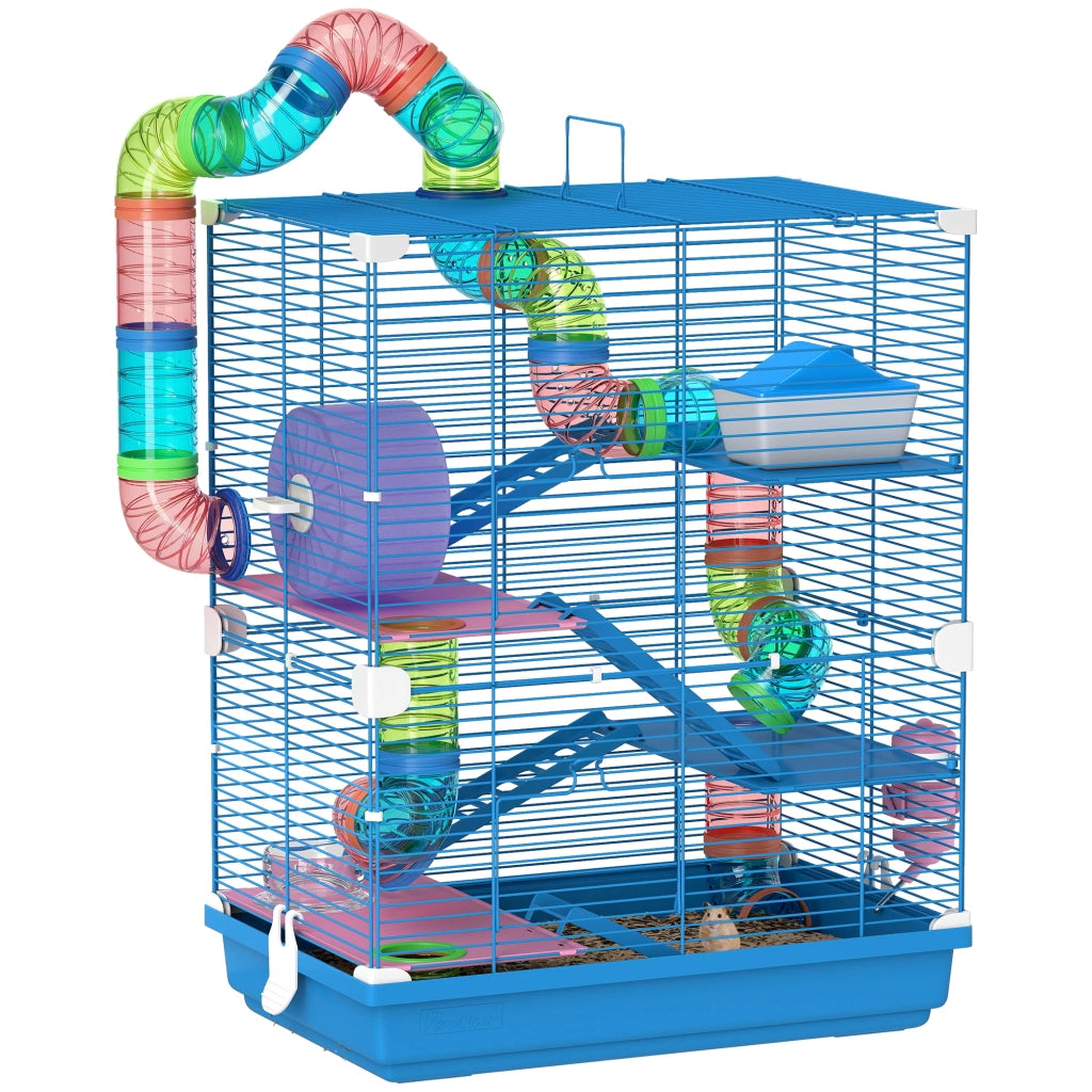 Gabbia per Criceti a 5 Piani 46x30x58 cm con Tubi Colorati e Accessori in Metallo Blu