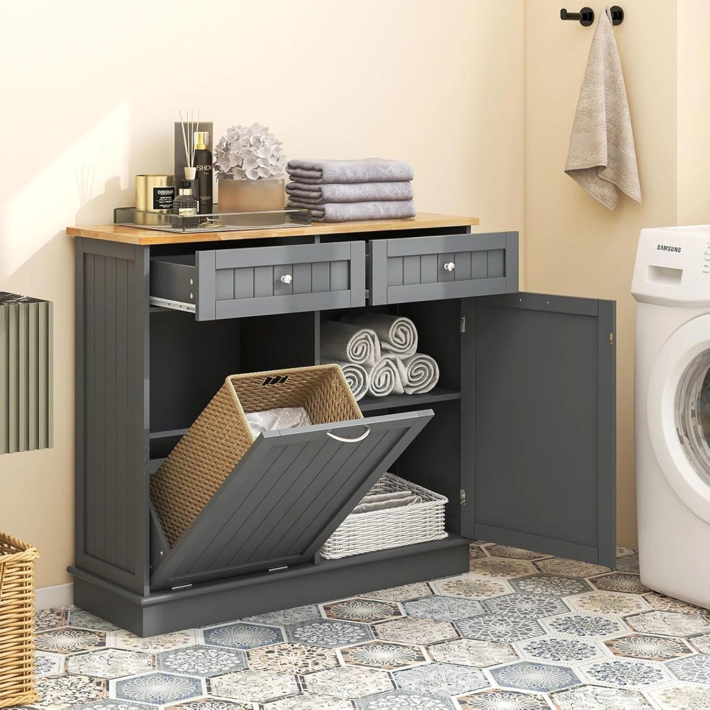 Credenza Cucina, Mobile per Pattumiera Ribaltabile con Piano in Legno di Gomma 2 Cassetti e Ripiano Regolabile, 100x35,5x90 cm (Grigio)