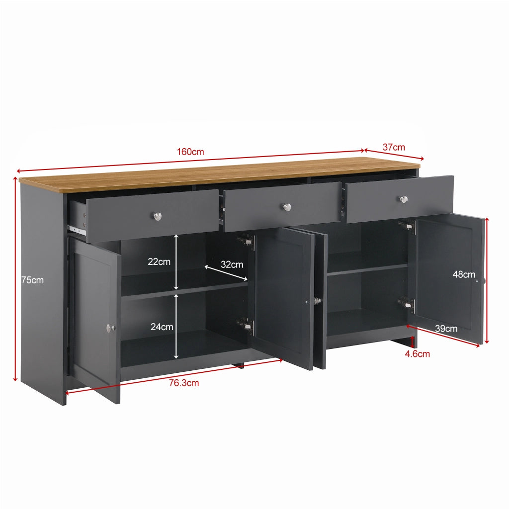 SIDEBOARD 160 cm in MDF Nero/Grigio con 3 cassetti e 4 ante