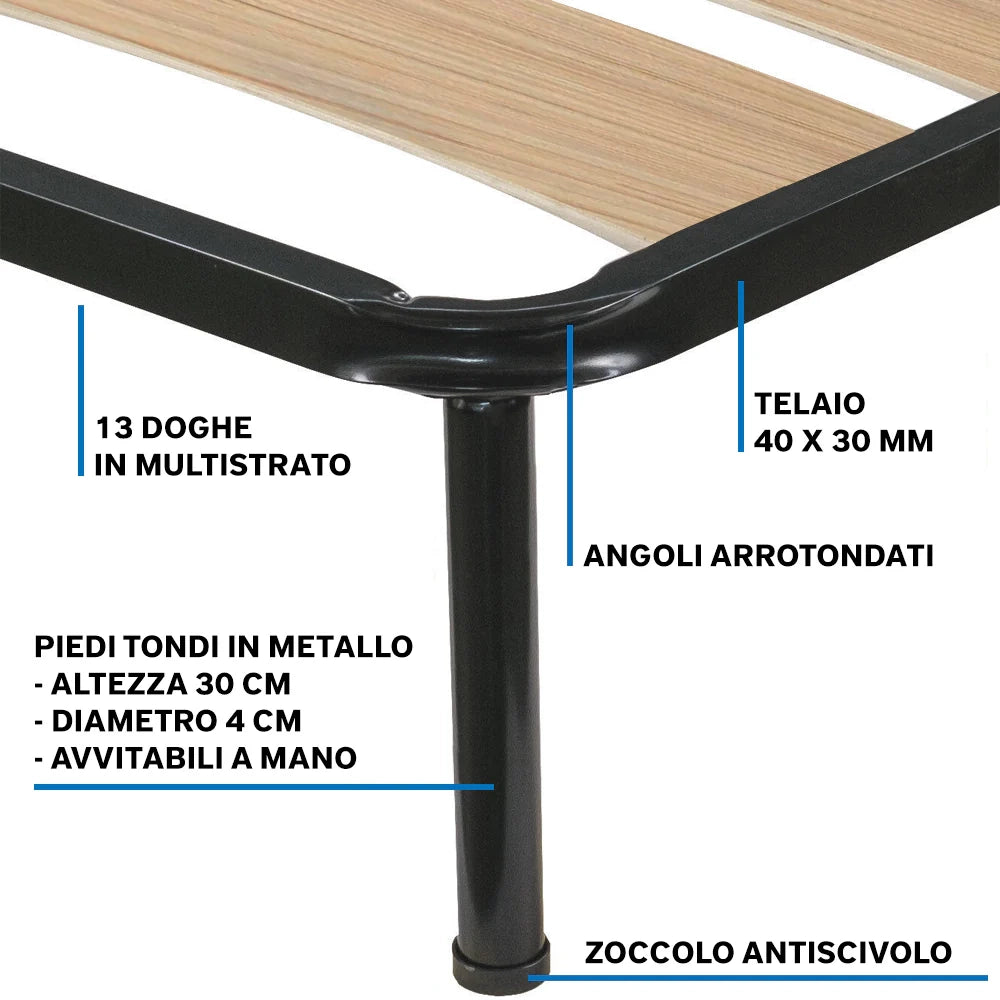 Rete ortopedica 160X190 7 doghe in betulla con 4 piedi |100% MADE IN ITALY| struttura in acciaio con angoli anti infortunistici e anti cigolio, altezza 34 cm