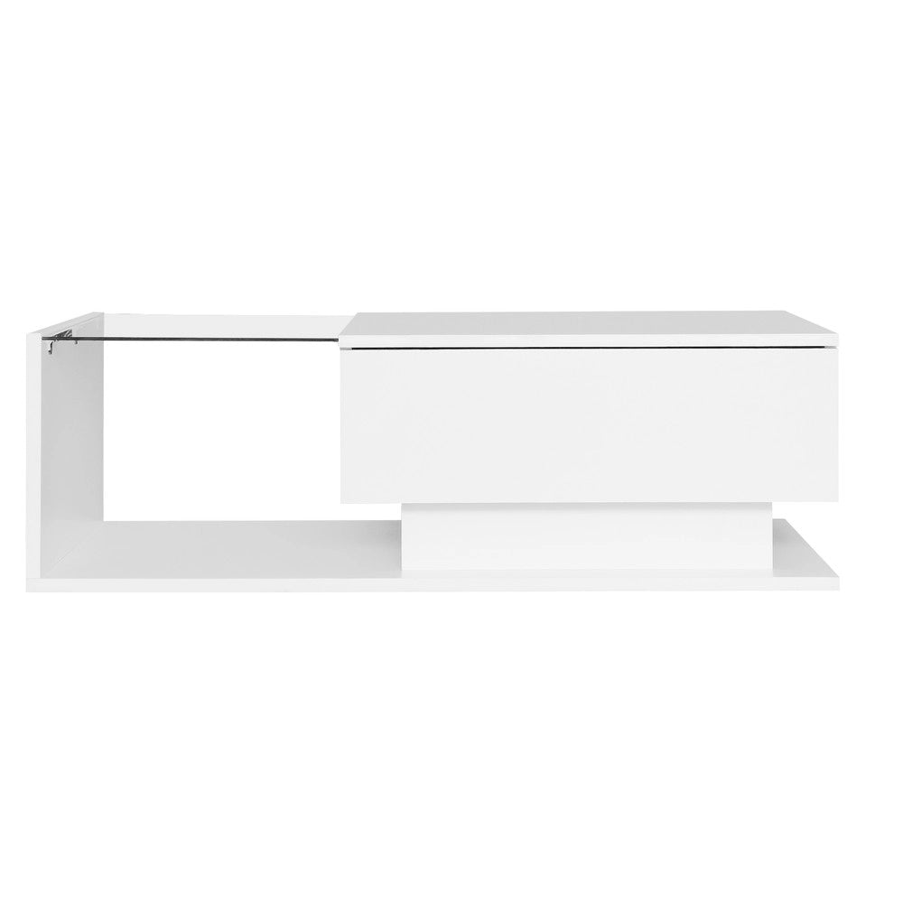 Tavolino da Caff¨¨ con Piano in Vetro e Cassetto, LED ¨C MINIMAL ¨C Bianco Lucido 100x50x32