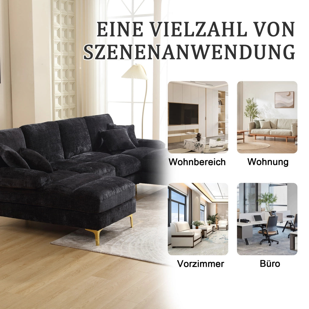 Divano Panoramico a U con Doppia Chaise Longue, 4 Cuscini Schienale, Gambe in Metallo, Ciniglia Nero 272 × 136 × 88 cm