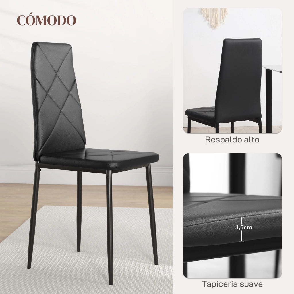 Set 6 Sedie da Pranzo Imbottite - Xylo - Similpelle Nero, Schienale Alto, Gambe Metallo 41x50x97cm
