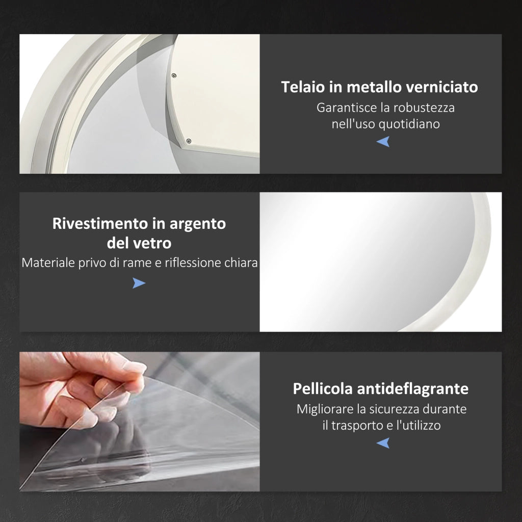 Specchio Bagno LED Antiappannamento con 3 Colori e Luminosit¨¤ Regolabile. in Metallo e Vetro. ?70x3 cm