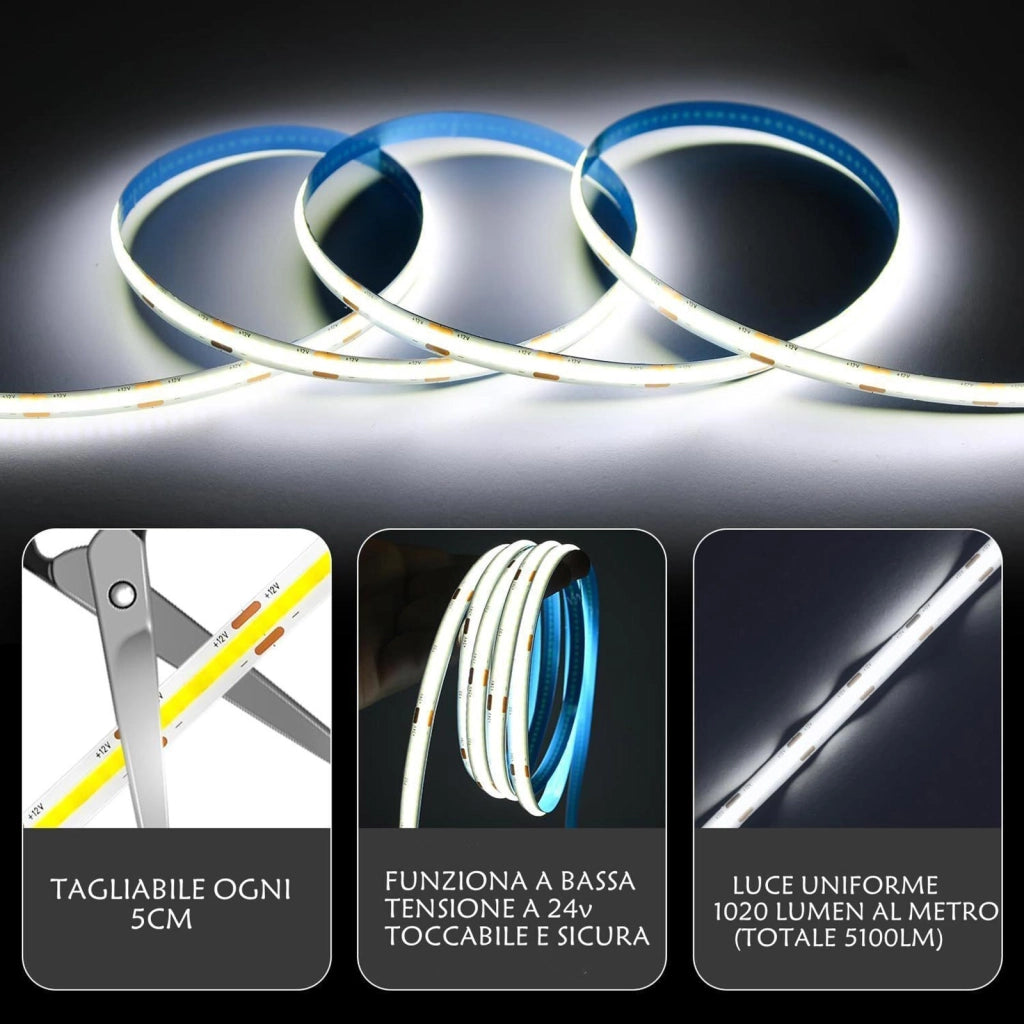 Striscia 1600 LED COB lineare 50W bobina strip flessibile adesiva 24V 5100lm nastro luce continua colorata decorativa interni IP20 BLU
