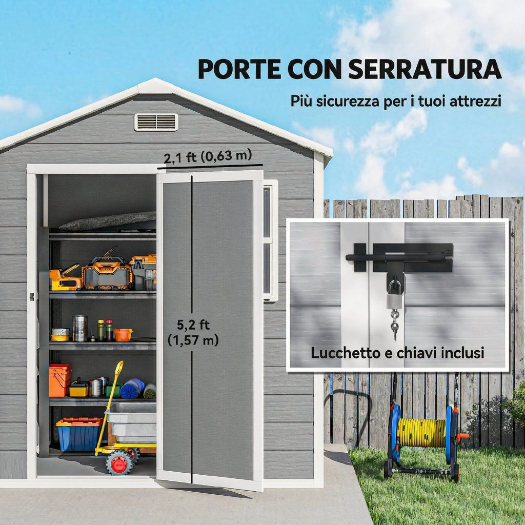 Capanno da Giardino 182x121x200 cm Box con Pavimento Finestra Porta con Serratura e Prese d'Aria in Plastica Grigio