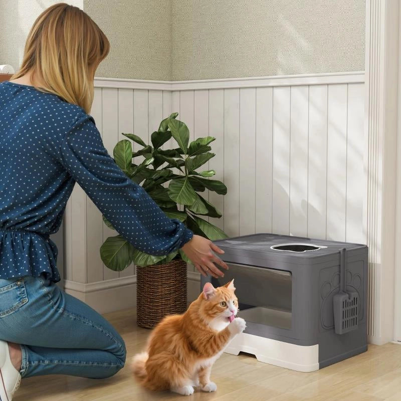 LETTIERA PER GATTI CHIUSA CON COPERCHIO E DOPPIA ENTRATA, CASSETTO ESTRAIBILE, PALETTA E SPAZZOLA, GRIGIO