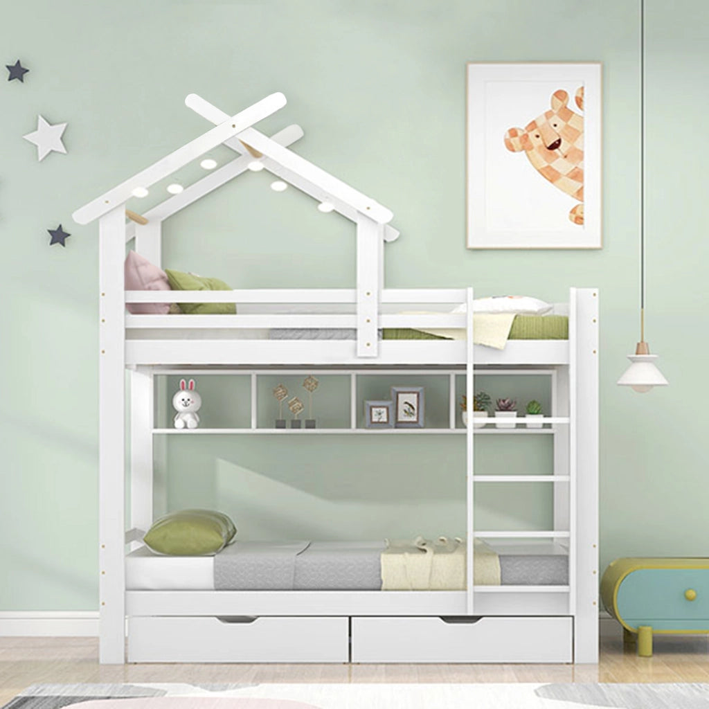 LETTO A CASTELLO con cassetti e ripiani 90x200 cm Bianco Legno massello e MDF