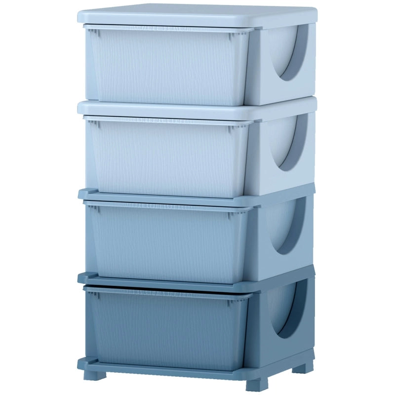 Scatole portaoggetti per bambini, 4 cassetti, bordi arrotondati, design in rilievo, in plastica, blu