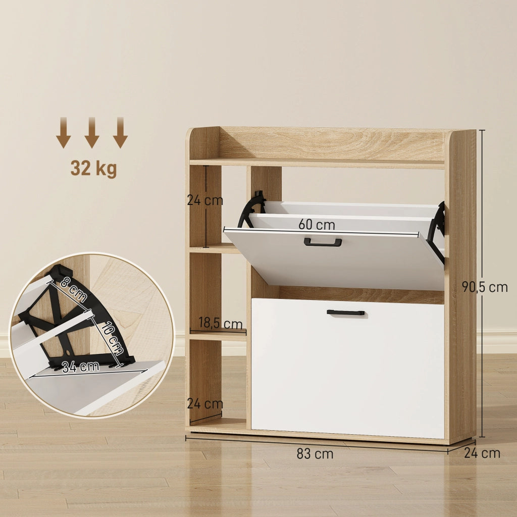 Scarpiera Slim 83x24x90,5 cm con 2 Cassetti Ribaltabili e 3 Vani Aperti Capacità 15 Scarpe Color Legno e Bianco