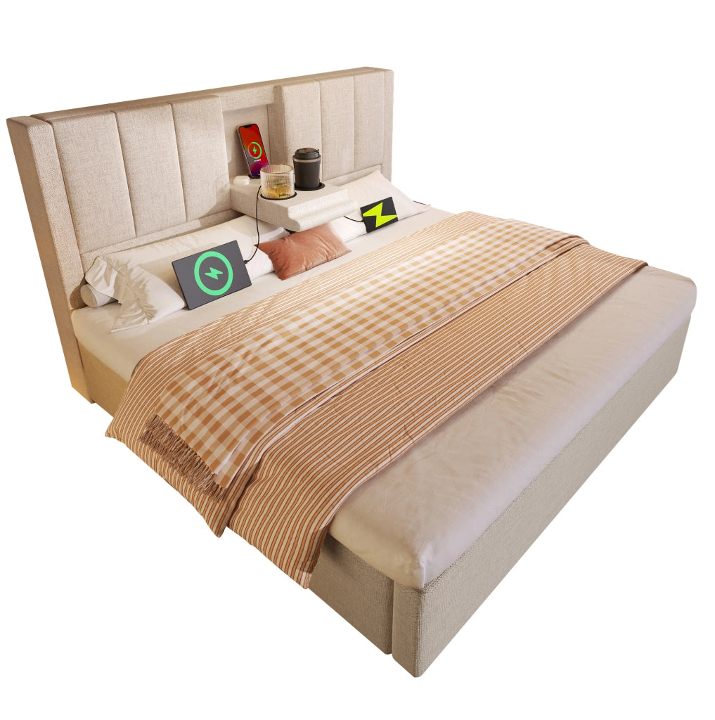 Letto imbottito 140x190 cm con contenitore, presa di ricarica e portabicchieri