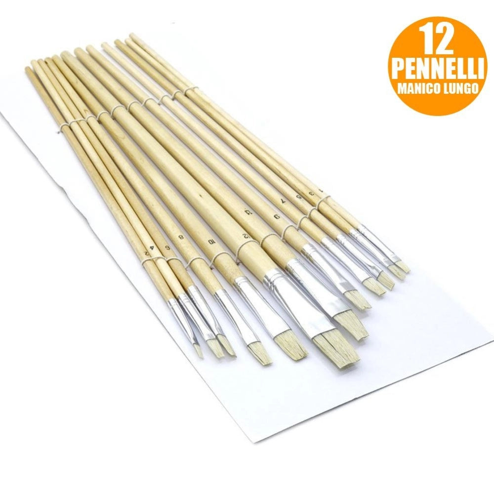 Trade Shop - Set 12 Pennelli Piatti Manico Legno Lungo Spessore 1-12mm Hobby Pittura -