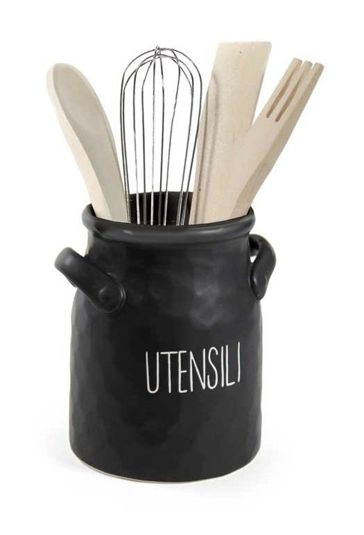 PORTA UTENSILI, POSATE MODELLO ONDULATO MATTE NERO CON SCRITTA "UTENSILI" MINIMALISTA 16 X 17 CM