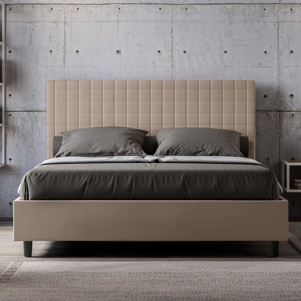 BS COM Letto queen size con rete imbottito 150x190 similpelle tortora