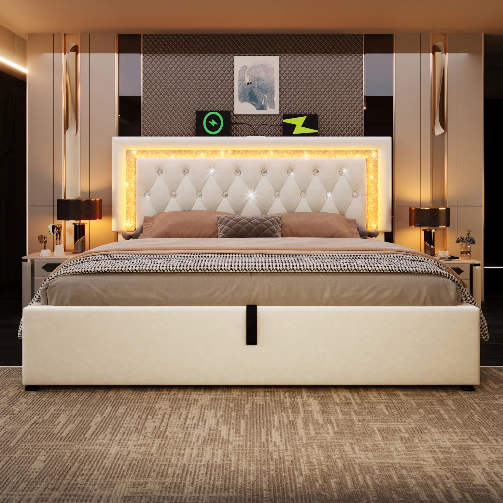 DESMIU Letto Contenitore 140 × 200 cm 2 posti LED, USB e Type-C, con vano idraulico, materasso incluso, velluto beige