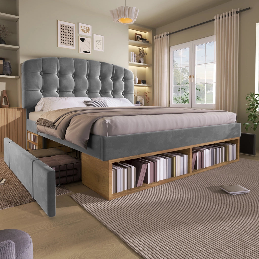 DESMIU Letto imbottito 140 × 190 cm 2 posti con testiera regolabile, vani e cassetti, senza materasso, in velluto grigio