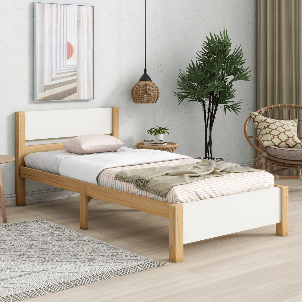 LETTO Singolo 90x200 cm in Legno e MDF Bianco e Naturale