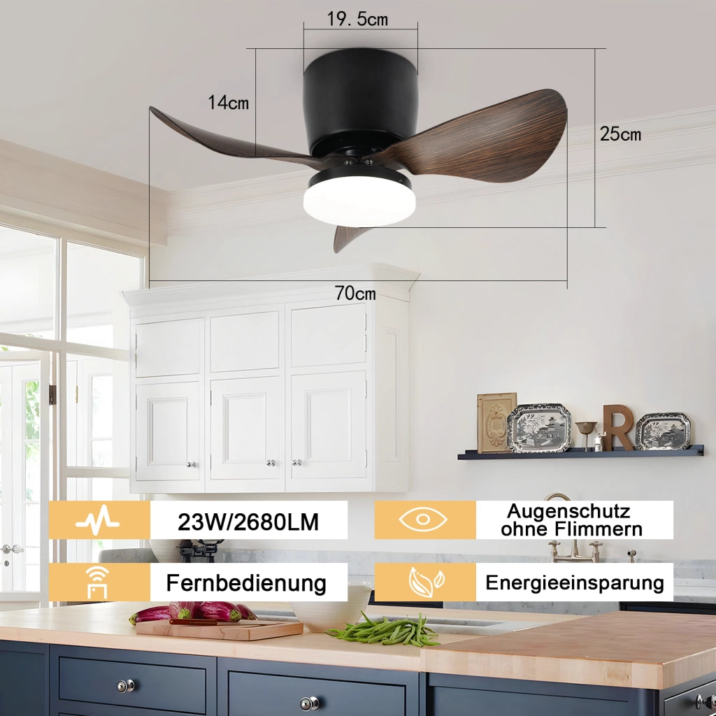 ZMH Ventilatore da soffitto nero con illuminazione e telecomando silenzioso dimmerabile 23W con ventola 70CM
