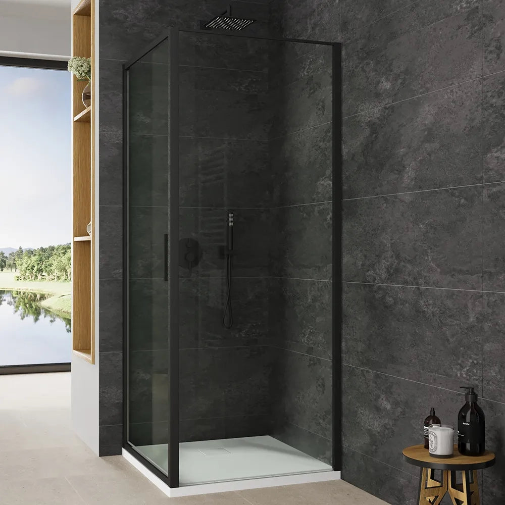 Box doccia slim 80x90cm con porta a battente e parete fissa profili nero opaco e vetro 6mm trasparente h190| Portofino