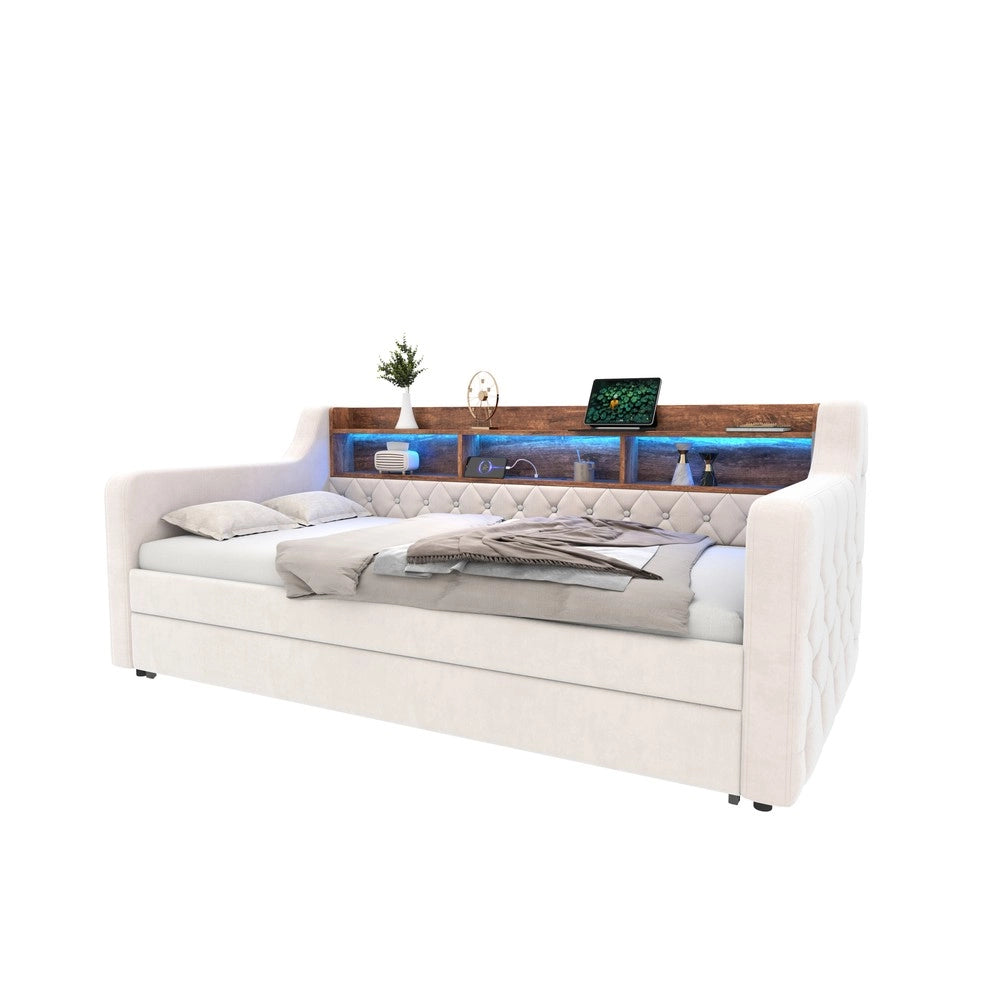 Divano Letto 90x190 in Velluto con Contenitore, LED e Struttura Metallo ¨C Xylo ¨C Beige