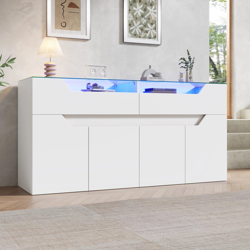 Credenza sideboard 140x40x70 cm in MDF bianco con piano in vetro temperato e LED