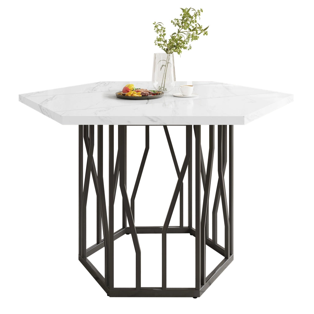 Tavolo da pranzo moderno esagonale con piano effetto marmo e base in metallo nero