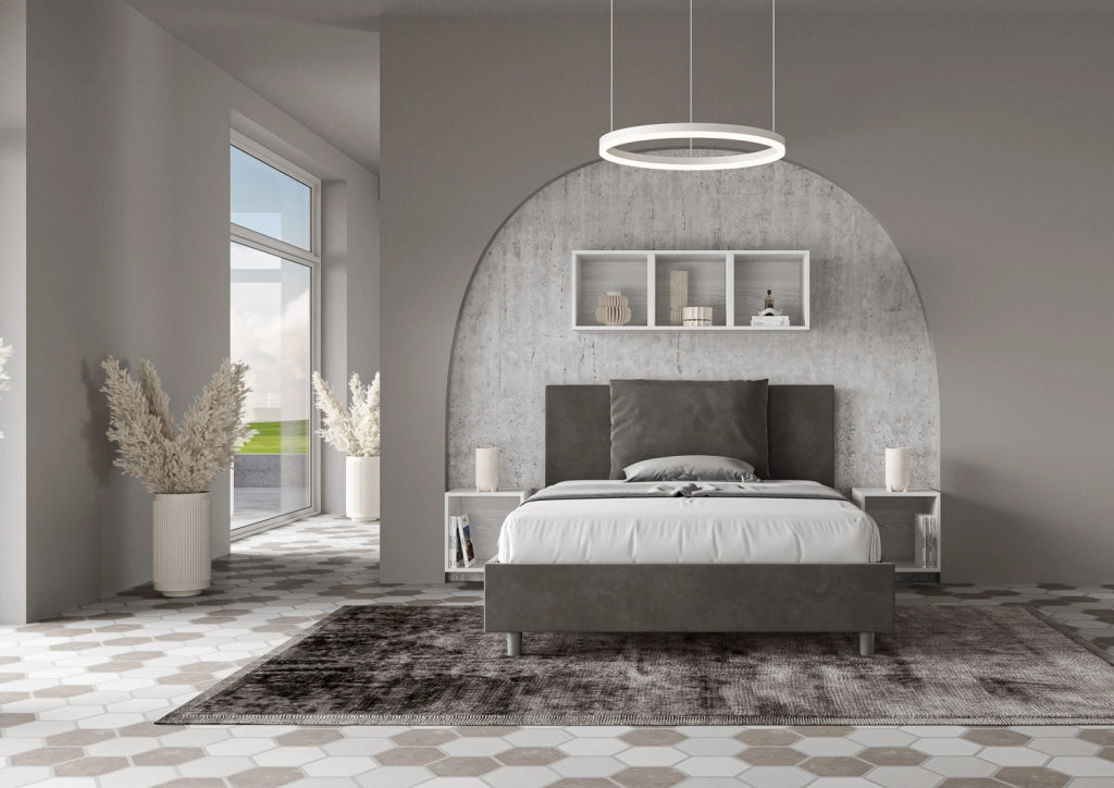 BS COM Letto queen size senza rete imbottito 150x210 microfibra grigio