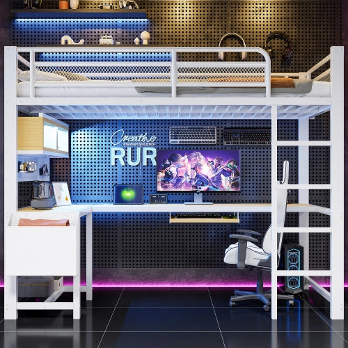 Letto a soppalco con scrivania 90x200 cm LEMONMAX, LED 7 colori, 2 prese e 2 USB, mensole, struttura in metallo, bianco