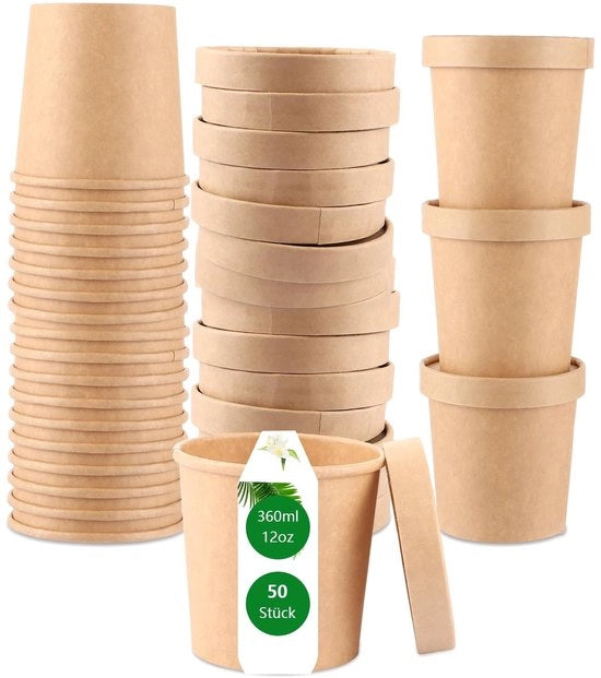 Bicchieri in Cartone da 50 pezzi - 360 ml - Resistenti al Magnetron - Congelabili - Bicchieri da Cibo - Carta di Alta Qualità - Bicchieri in Carta