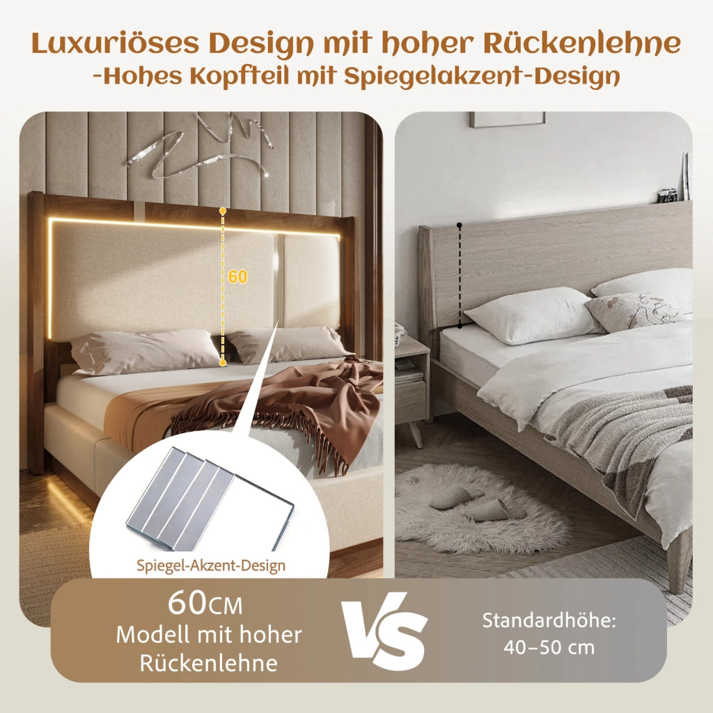 DESMIU Letto contenitore 90 × 200 cm 1 posto con LED, sollevamento idraulico e senza materasso, in lino, beige