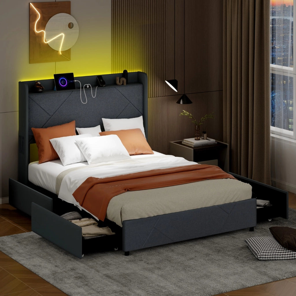 Struttura letto con luci LED letto imbottito con stazione di ricarica-Telaio letto matrimoniale 2 tasche di stoccaggio & 4 cassetti scorrevoli Grigio