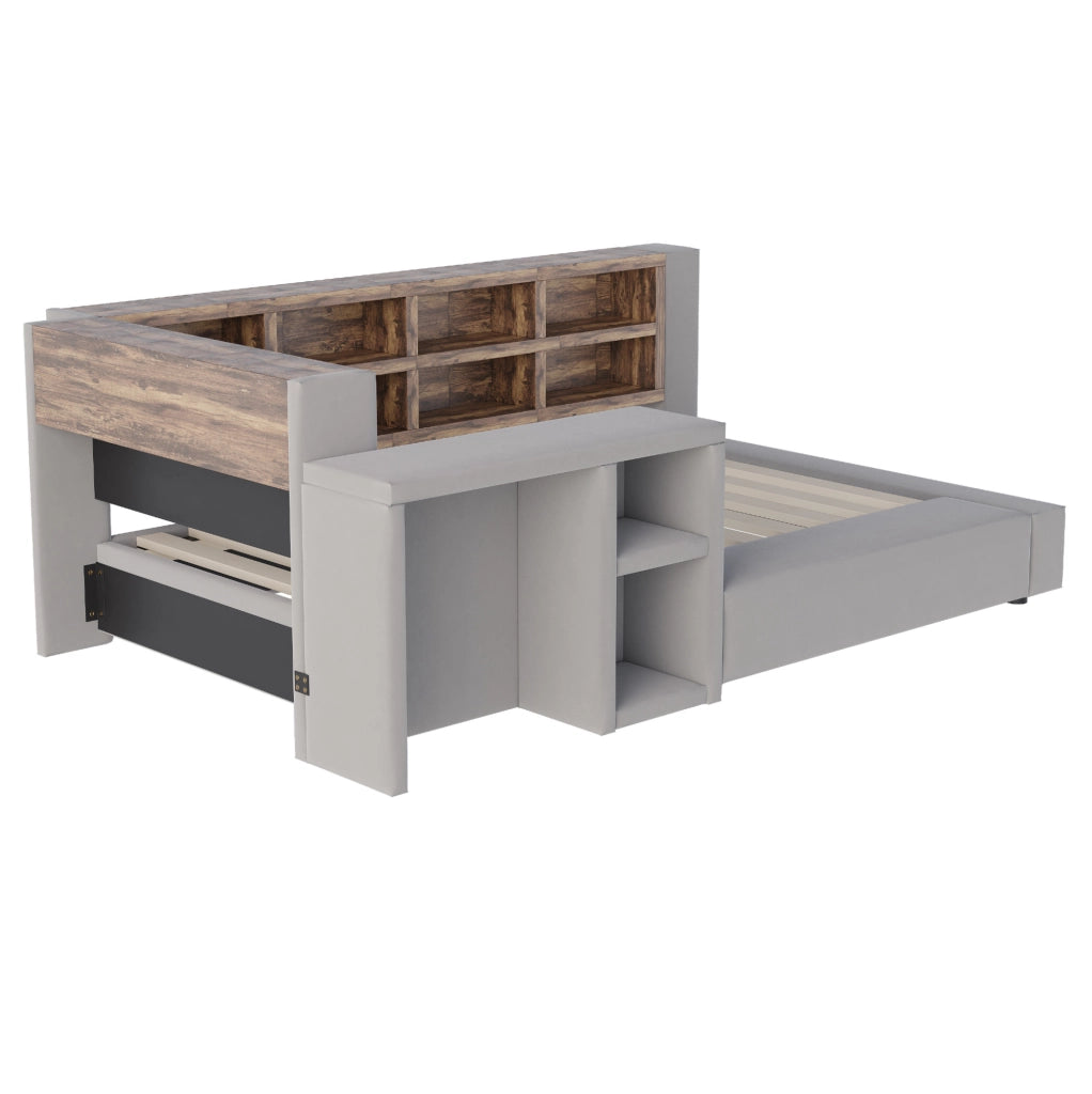 Letto imbottito 90x200 cm con testiera contenitore; LED; prese e comodino; grigio scuro
