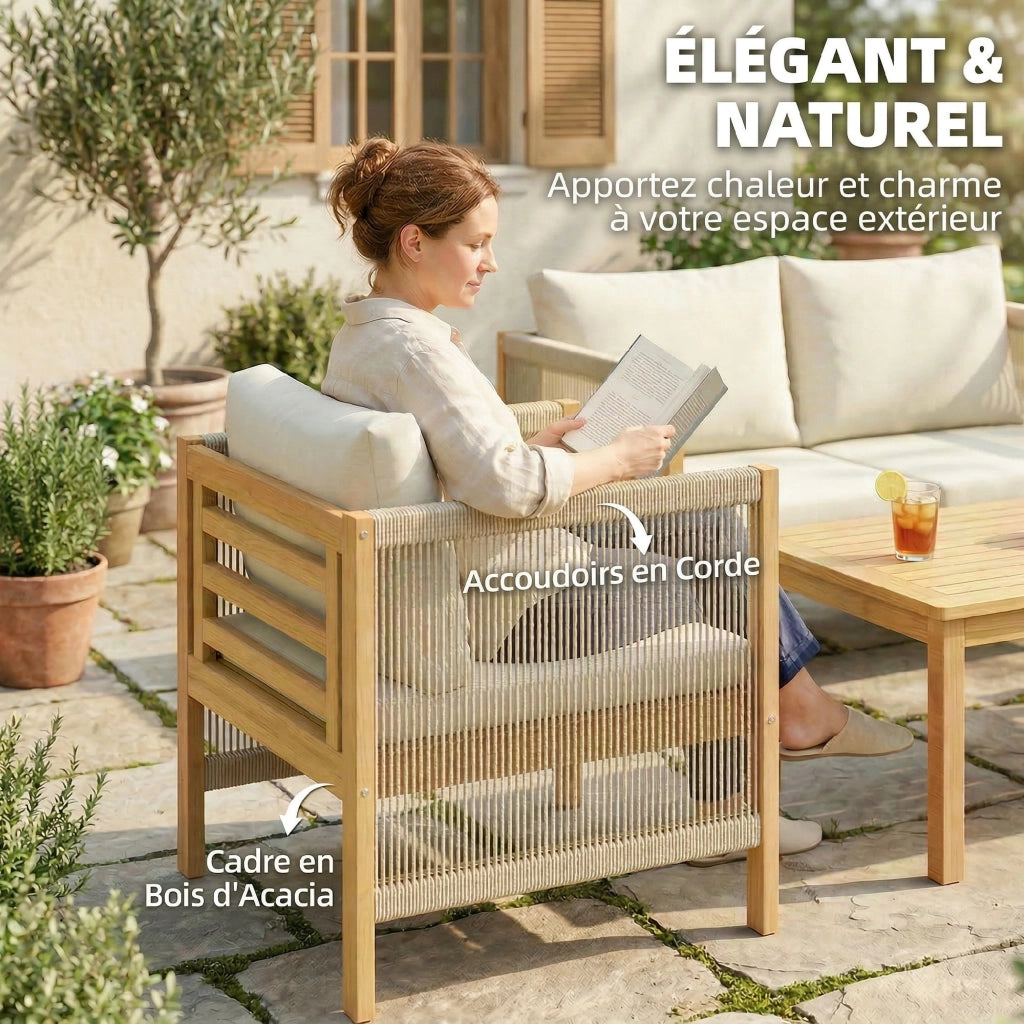 Set Divano Giardino 4 Pezzi ¨C Xylo ¨C Legno Acacia Massello Cuscini Corda Naturale