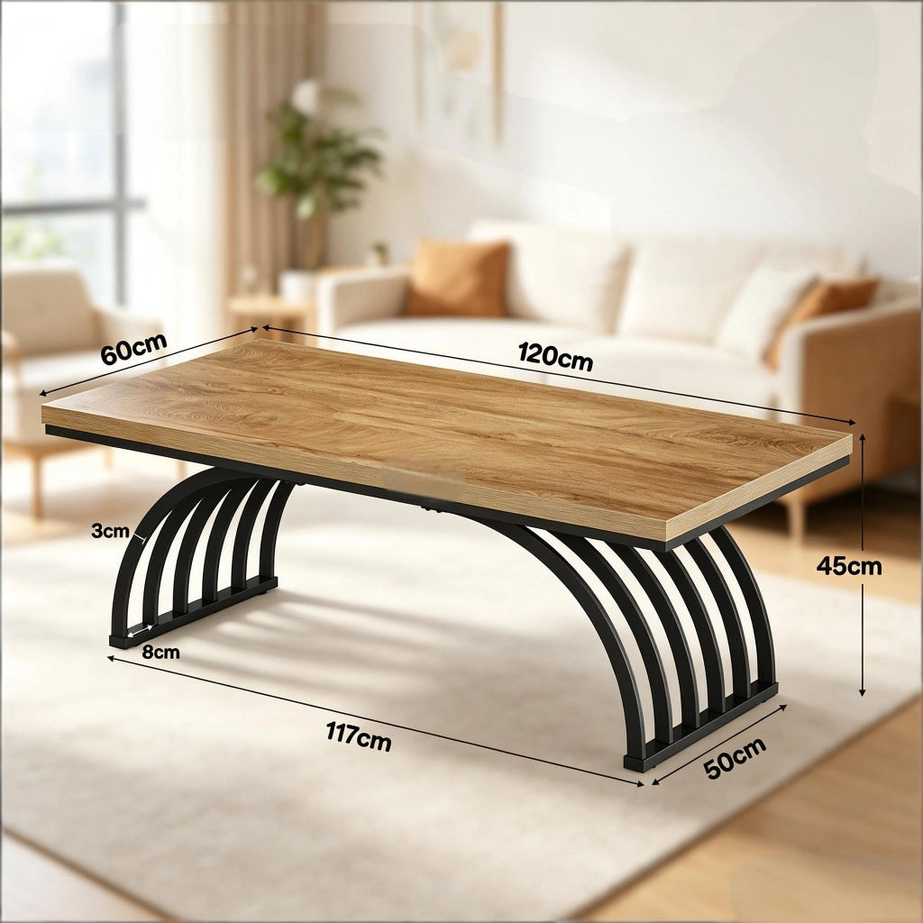 Tavolino da salotto con piano da 120 cm e struttura in metallo; design aperto per soggiorno; nero e marrone