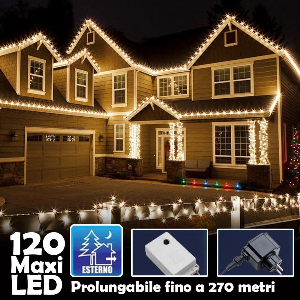 Trade Shop - Catena Luminosa Natalizia 120led Bianco Caldo Con Flash 9mt Esterno Prolungabile -