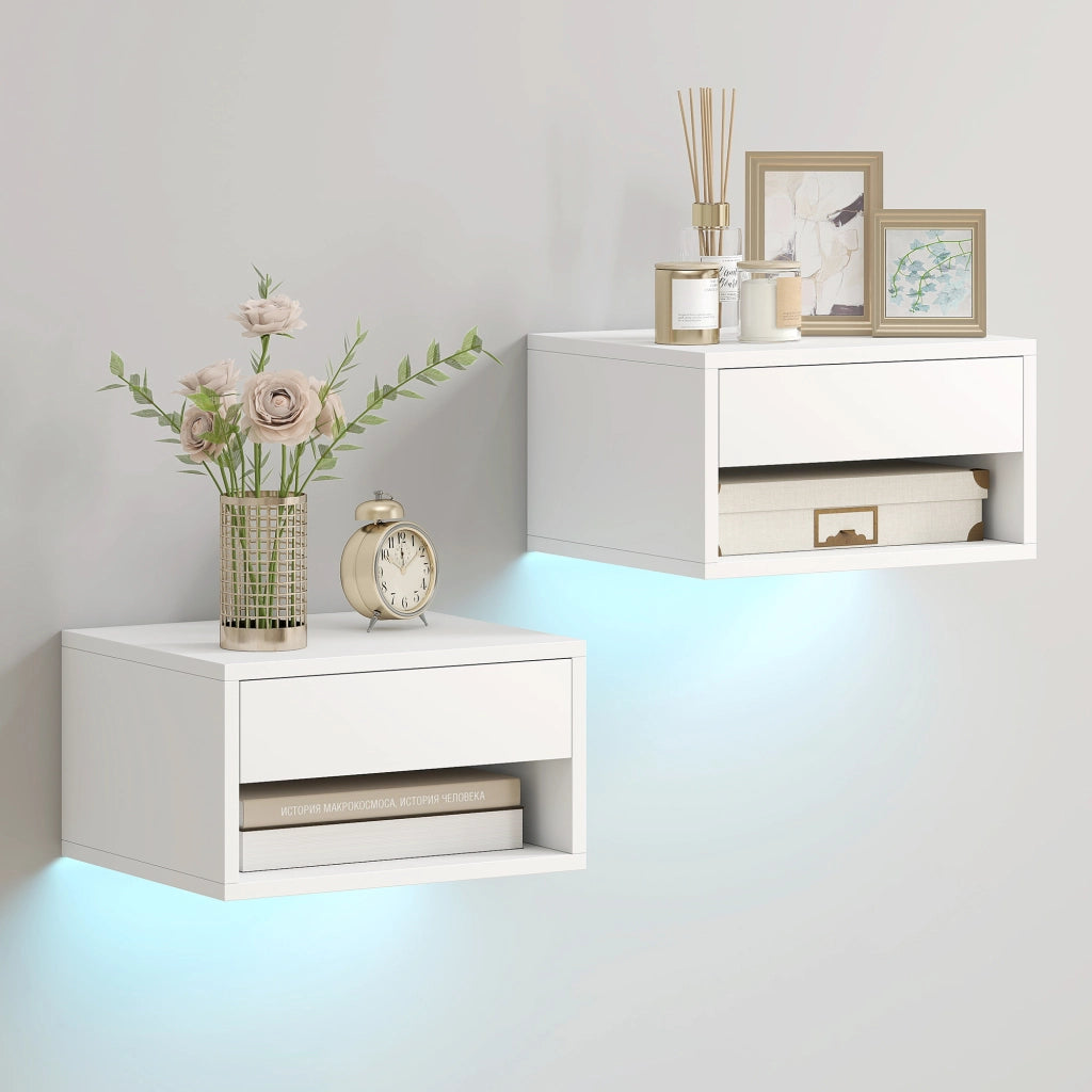 Set 2 comodini sospesi LED RGB con app, cassetto, ripiano, 37x32x21cm ¨C Xylo ¨C Bianco